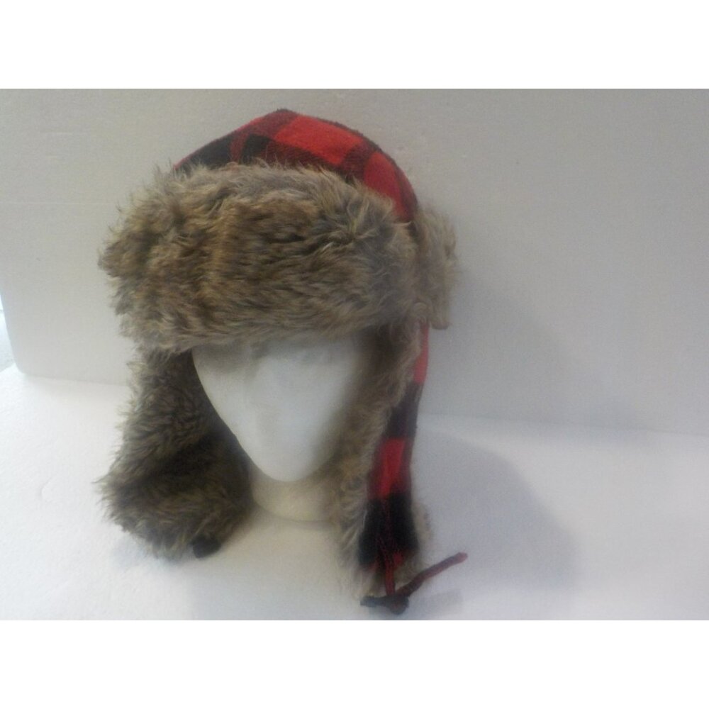 KB Ethos Lumberjack Aviator Trapper Warm Faux Fur Ear Flaps Hat Red/Black Plaid